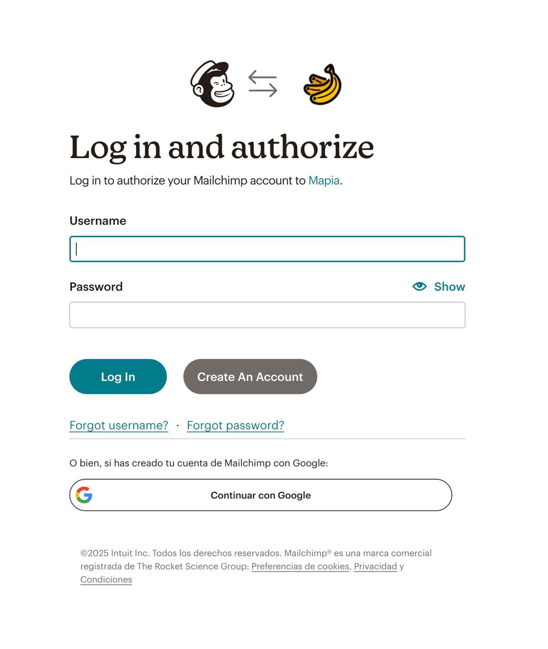 Pantalla de login para conectar a Mailchimp